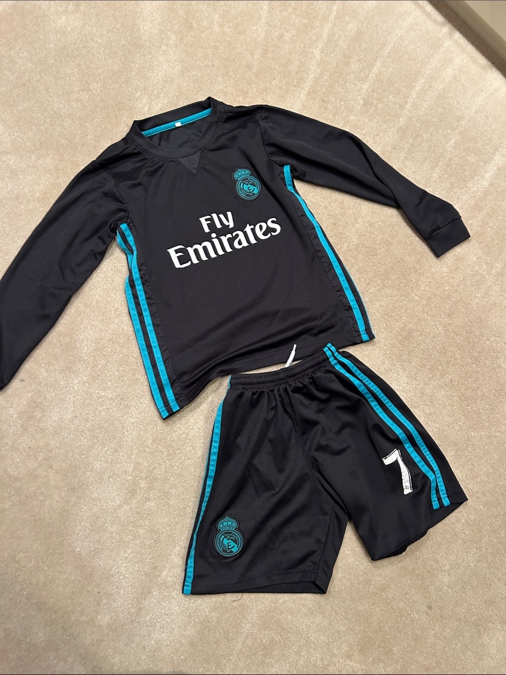 adidas Black and Teal Ronaldo #7 Long Sleeve Soccer Kit